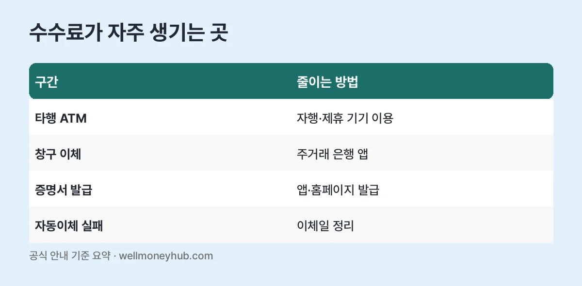 은행 수수료가 자주 생기는 곳과 줄이는 방법 표: 타행 ATM, 창구 이체, 증명서 발급, 자동이체 실패