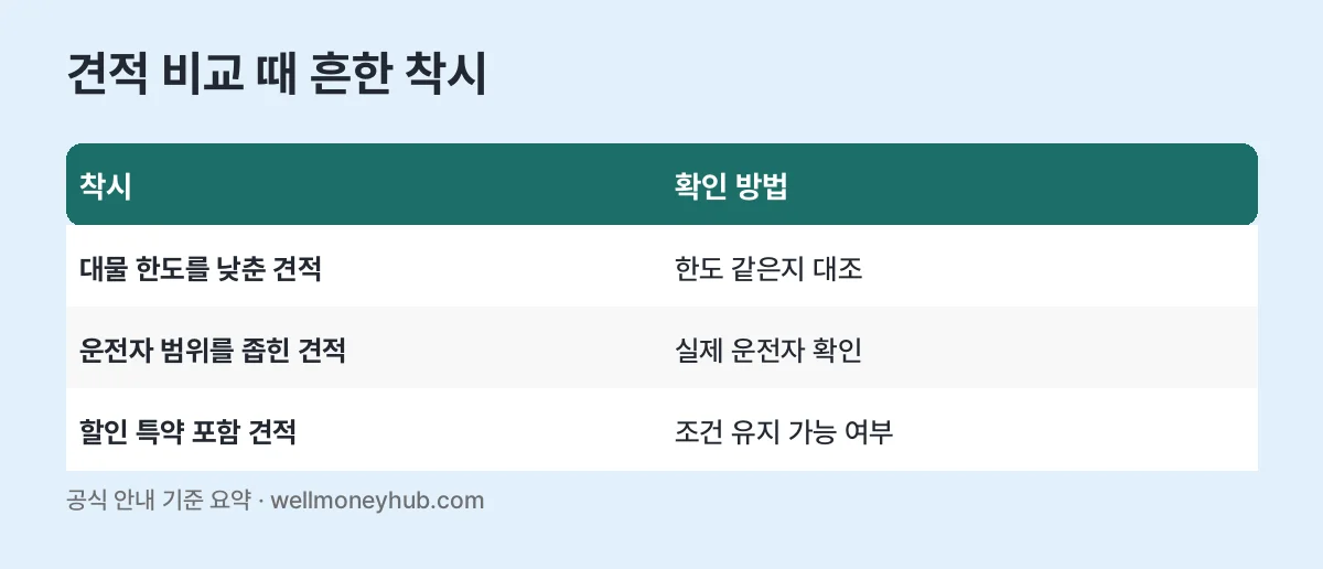 자동차보험 견적 비교 착시 표: 대물 한도를 낮춘 견적, 운전자 범위를 좁힌 견적, 할인 특약 포함 견적