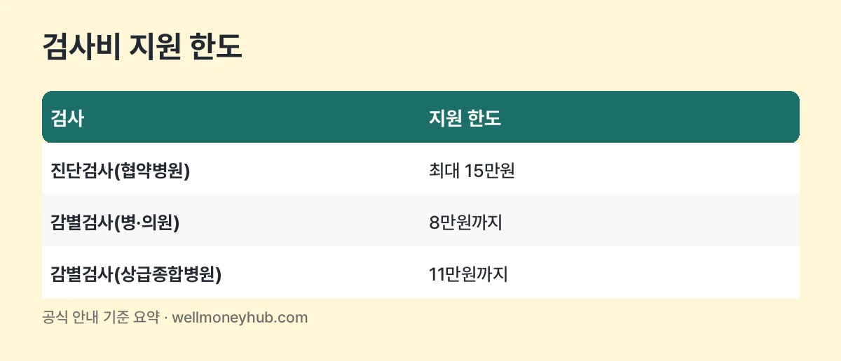 치매 검사비 지원 한도 표: 진단검사 최대 15만원, 감별검사 병·의원 8만원, 상급종합병원 11만원